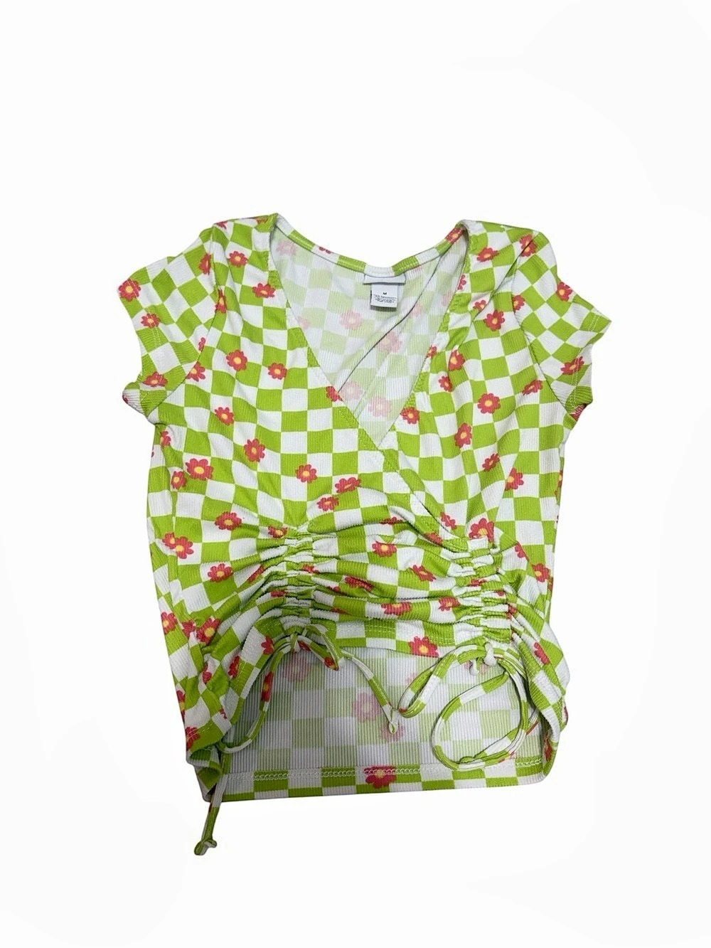rue21 Checkered Ruched Crop Top in Green & White Size Medium